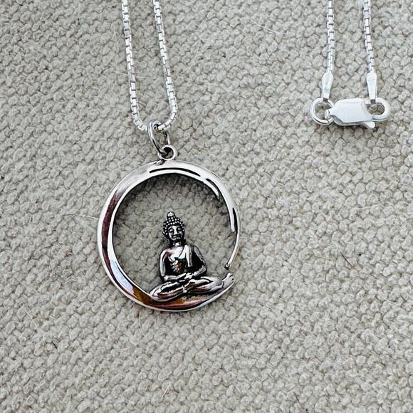 Sterling Silver Buddha Necklace, Circle Pendant, Yoga Necklace - Picture 5 of 5